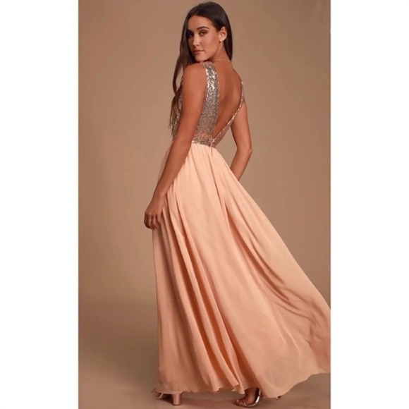 Lulu's Elegant Encounter Rose Gold Sequin Maxi Dress MEDIUM Style 401032 - Picture 3 of 15